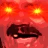 A distorted face with glowing red laser eyes expressing intense anger.