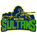 Multan Sultans logo featuring a dark blue silhouette of a rider on a horse above green text on a yellow background.