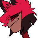 Alastor from Hazbin Hotel transitions from a calm smirk to a wide, manic, toothy grin.