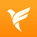 Bird silhouette in white against an orange background, stylized with elegant wing curves.