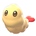 A cute yellow larva with large dark eyes and a small red heart-shaped tail.