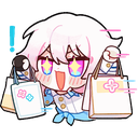 A chibi character with star-shaped eyes smiling excitedly while holding two shopping bags.