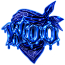 The word WOO in shiny liquid blue letters layered over a dark blue bandana pattern.