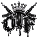 The letters OTF in a metallic dripping font topped with a diamond crown and crossed by two firearms.