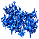 4PF letters in a metallic blue font with a crown and dripping blue flames.