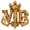 A golden VIP emblem topped with a crown and decorated with sparkling diamonds.