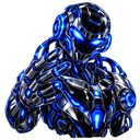 Cyborg character with metallic armor and glowing blue lights.