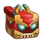 Armored cube robot with a red and gold exterior and glowing cyan eyes looking intense.