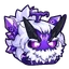 A small purple creature with glowing eyes, dark horns, and a fluffy white mane looking mischievous.