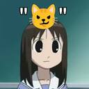 An anime girl with long black hair stares blankly while wearing a small, angry yellow cat icon on her head.