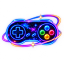A video game controller glowing with neon light and filled with a swirling galaxy pattern.