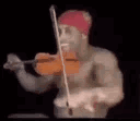 A shirtless man wearing a red bandana rhythmically plays an imaginary violin against a black background.