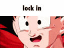 Goku face transitioning from a happy smile to a stern, focused expression with the text lock in above each frame.