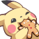Pikachu happily chewing on a gingerbread man cookie.