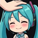 Hatsune Miku with teal hair and headphones smiling happily while a hand pats her head.