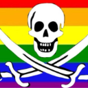 Skull and crossbones centered over a horizontal rainbow-striped flag.