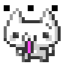 A pixelated cat face with wide eyes and a pink tongue sticking out in a confused expression.