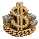 A 3D diamond-encrusted dollar sign resting on stacks of cash and a gold chain.