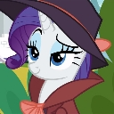 Rarity the pony wearing a hat and coat with a smug, suspicious expression.