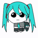 A chibi character with teal hair and large eyes stands still before suddenly bursting into colorful confetti.