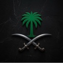 Saudi Arabia national emblem with a green palm tree above two crossed silver swords on a dark background.