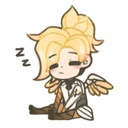 A chibi angel with blonde hair and small wings sitting and sleeping with zzz text.
