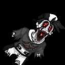A distorted, monochromatic monster figure with glowing red eyes and a wide, dark open mouth.