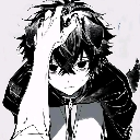 Anime boy with dark hair holding his hand to his forehead in a gesture of exhaustion.