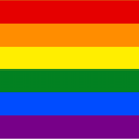 Rainbow flag with six horizontal stripes of red, orange, yellow, green, blue, and purple.