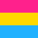 A rectangular flag with three equal horizontal stripes of pink, yellow, and blue.