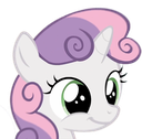 A white cartoon pony with a pink and purple mane smiling gently.