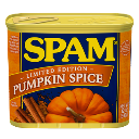 A metal can of processed meat labeled with pumpkin spice text, featuring a pumpkin and cinnamon sticks.