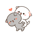 Two small cartoon cats, one white and one gray, happily engaged in a piggyback ride.