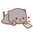A cute gray cat lying on its stomach and looking happily at a smartphone with small red hearts floating nearby.