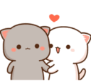 Two cute cartoon cats, one gray and one white, standing together with a small red heart floating above them.