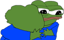 Pepe the Frog hugging a large green heart with a gentle expression.
