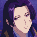 Anime man with long purple hair transitions from a soft gaze to a gentle closed-eye smile.