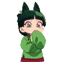 A small anime-style character with dark hair and a green shirt looks bashful while pink hearts float around their head.