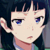 An anime girl with dark hair and freckles looks sideways with a skeptical and unimpressed expression.