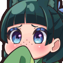 A shy anime girl with cat ears and dark hair peeks over a green blanket with wide, nervous blue eyes.