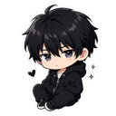 Chibi anime boy with black hair wearing a black hoodie sitting down with a small heart icon nearby.