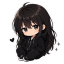 A chibi girl with long dark hair wearing a black hoodie sitting down with a small heart icon nearby.