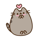 A gray cartoon cat with pink cheeks looks shyly upward at a small pink heart floating above its head.