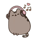 A round, brown cat wearing pink headphones with musical notes and a small heart floating above its head.