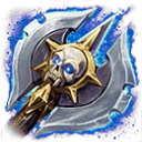 A silver axe with a golden skull embedded in the center, surrounded by a glowing blue magical aura.