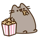 A gray cartoon cat sitting next to a striped bucket of popcorn and eating a piece.