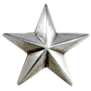 A metallic silver star with a polished 3D finish and sharp points.
