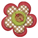A layered flower made of red fabric petals, a brown and white checkered pattern, and a green felt center with a wooden butto…