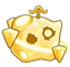 A block of Swiss cheese with a mustache and a mischievous expression.