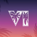 The letters VI filled with a palm tree silhouette pattern against a purple and orange sunset gradient.
